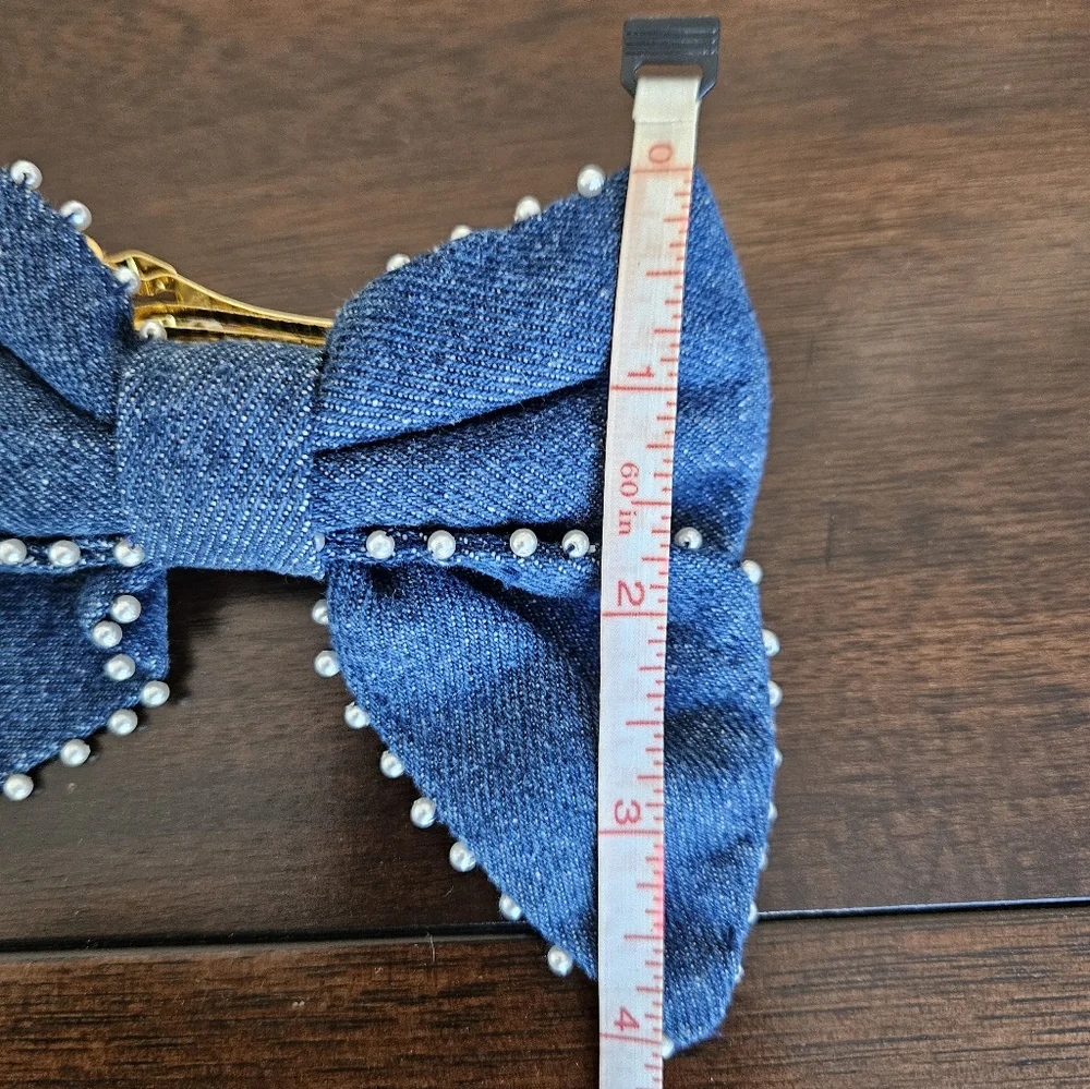 J.Crew Denim Bow Pearl Lined Barrette, Blue/ White